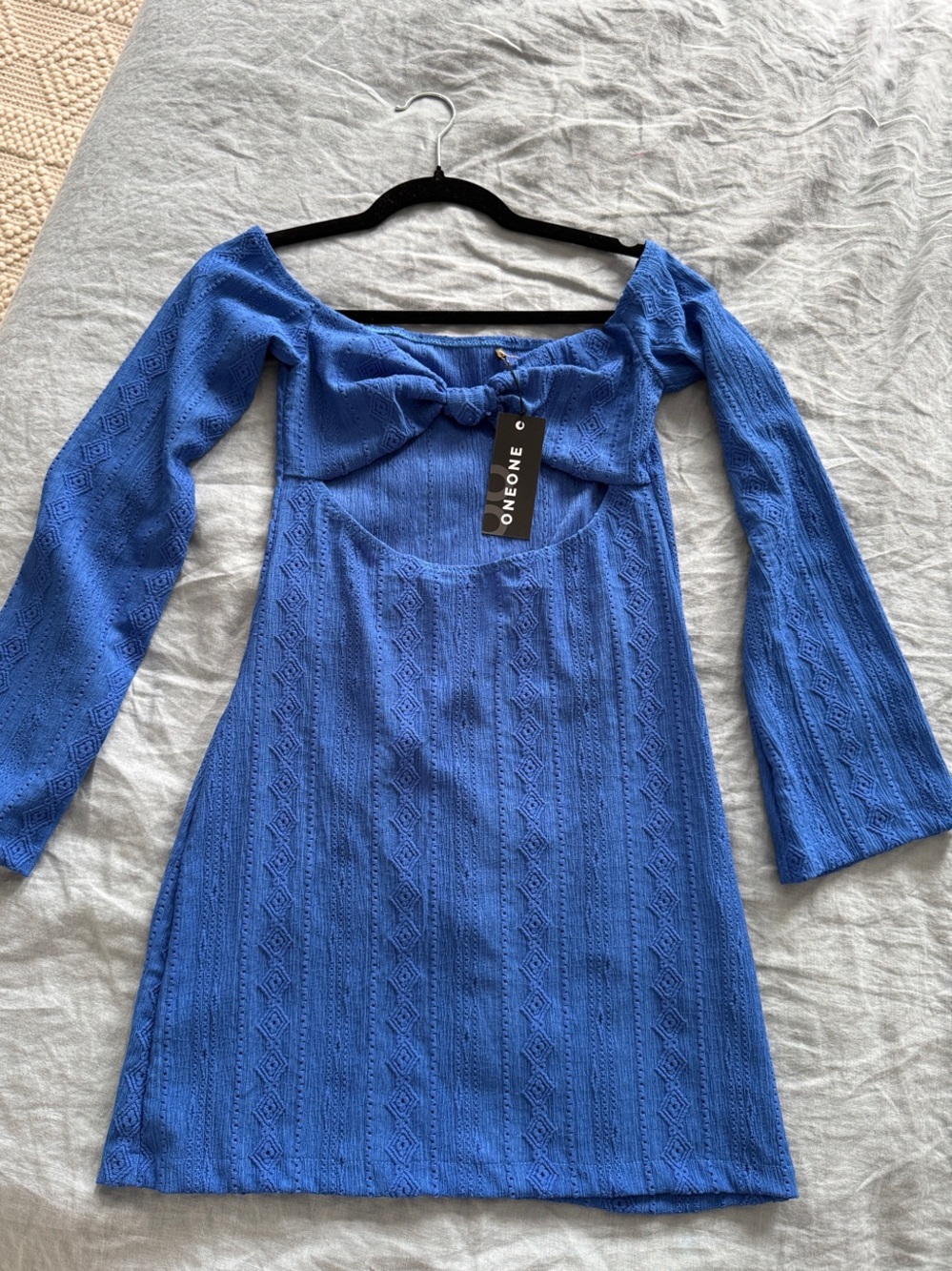 One One Blue Knit Off-Shoulder Mini Dress with Front Tie